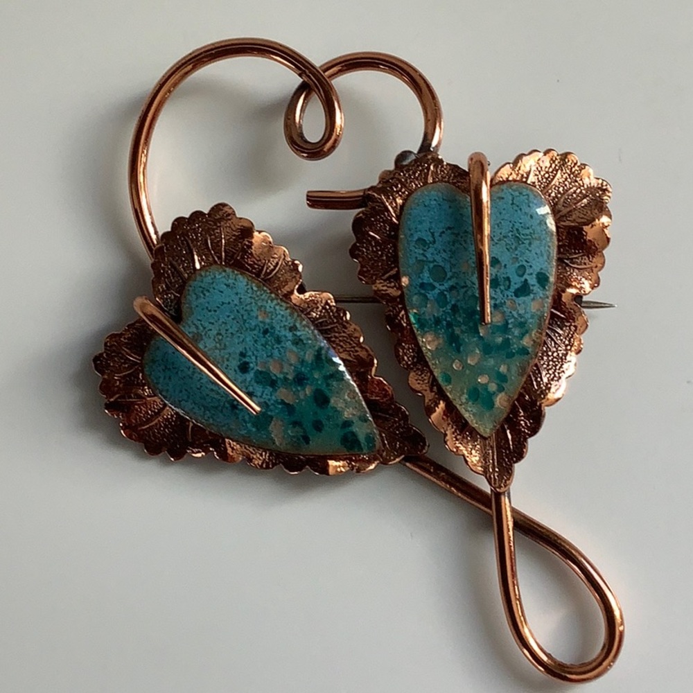 Vintage Matisse Renoir Double-Leaf Light Blue Enamel & Copper Brooch